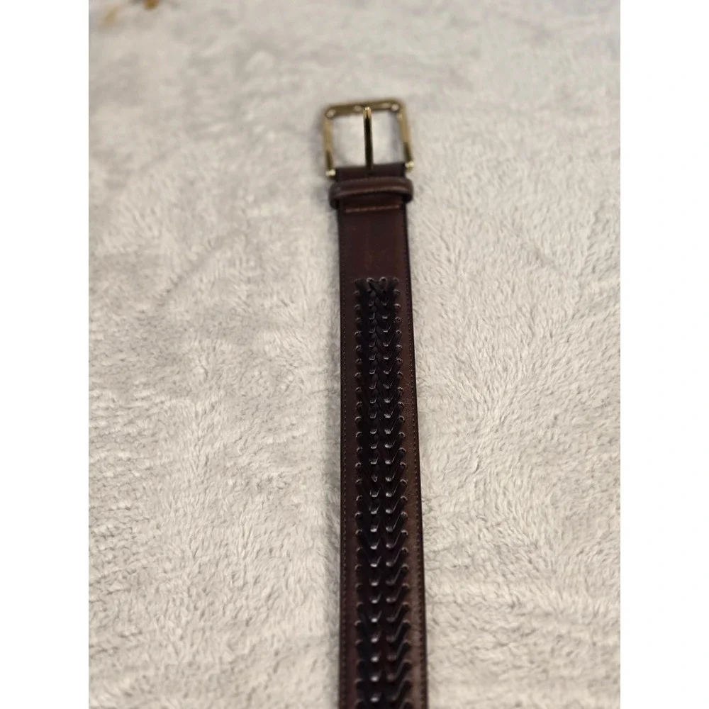 Mens Brwn Genuine Leather Braided Inlay Belt Gold Buckle Size 40/100 Handcrafted